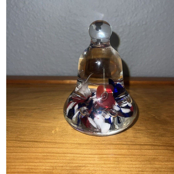 Joe Rice Signed  Red White Blue Flowers Bell Paperweight Art Glass - Picture 2 of 4